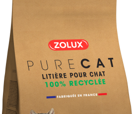 Litière PureCat 100 %papier recyclé. Sac papier kraft fabriqué en France et 100 % recyclable de 5 ou101. 9,40 € pour le sac de 51,15,60 C ourle sac de10 l.